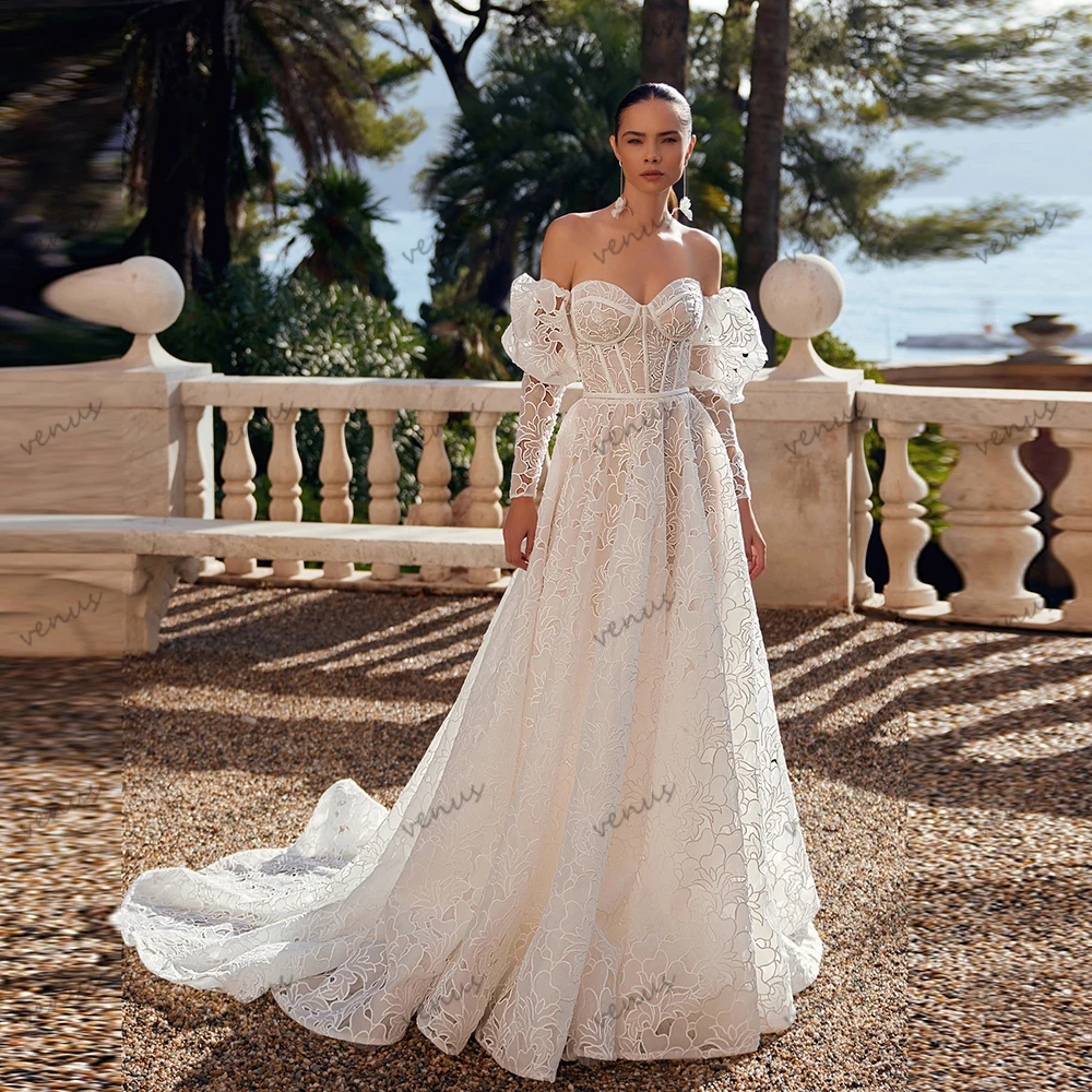 Vestidos de casamento encantadores rendas em camadas vestidos de noiva fora do ombro robes mangas puff glamouroso vestidos de novia personalizado