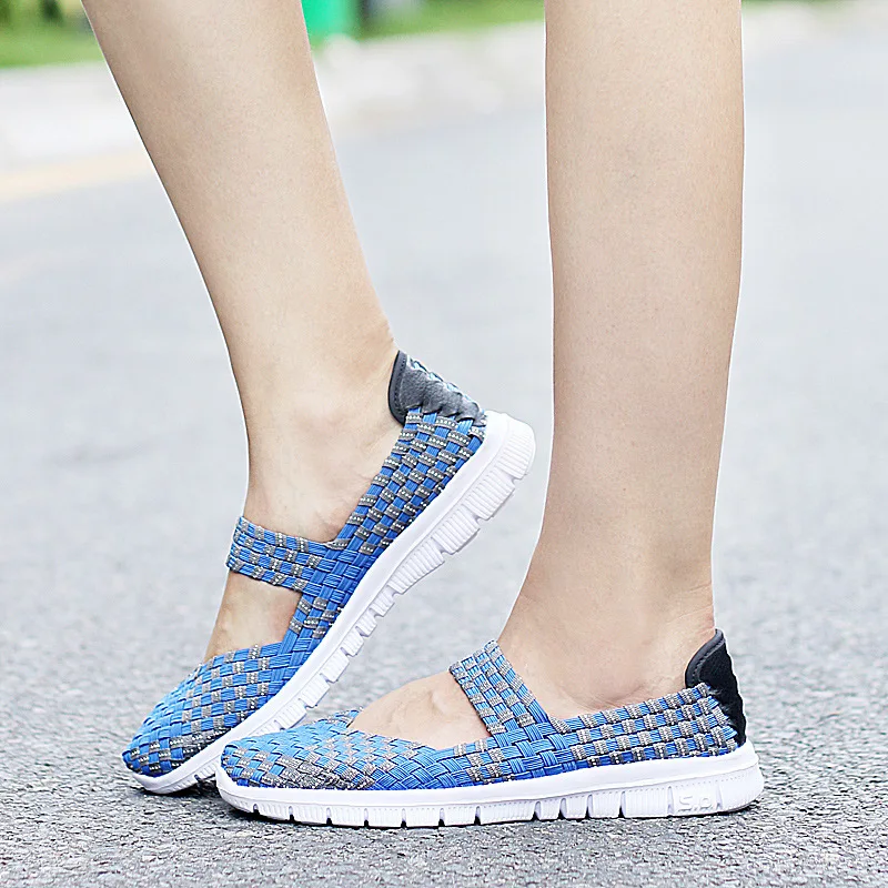 Women\'s Loafers Casual Shoes Spring Comfortable Sneakers Woven Breathable Flat Shoes Outdoor Hook&Loop Slip On Girls Sandal