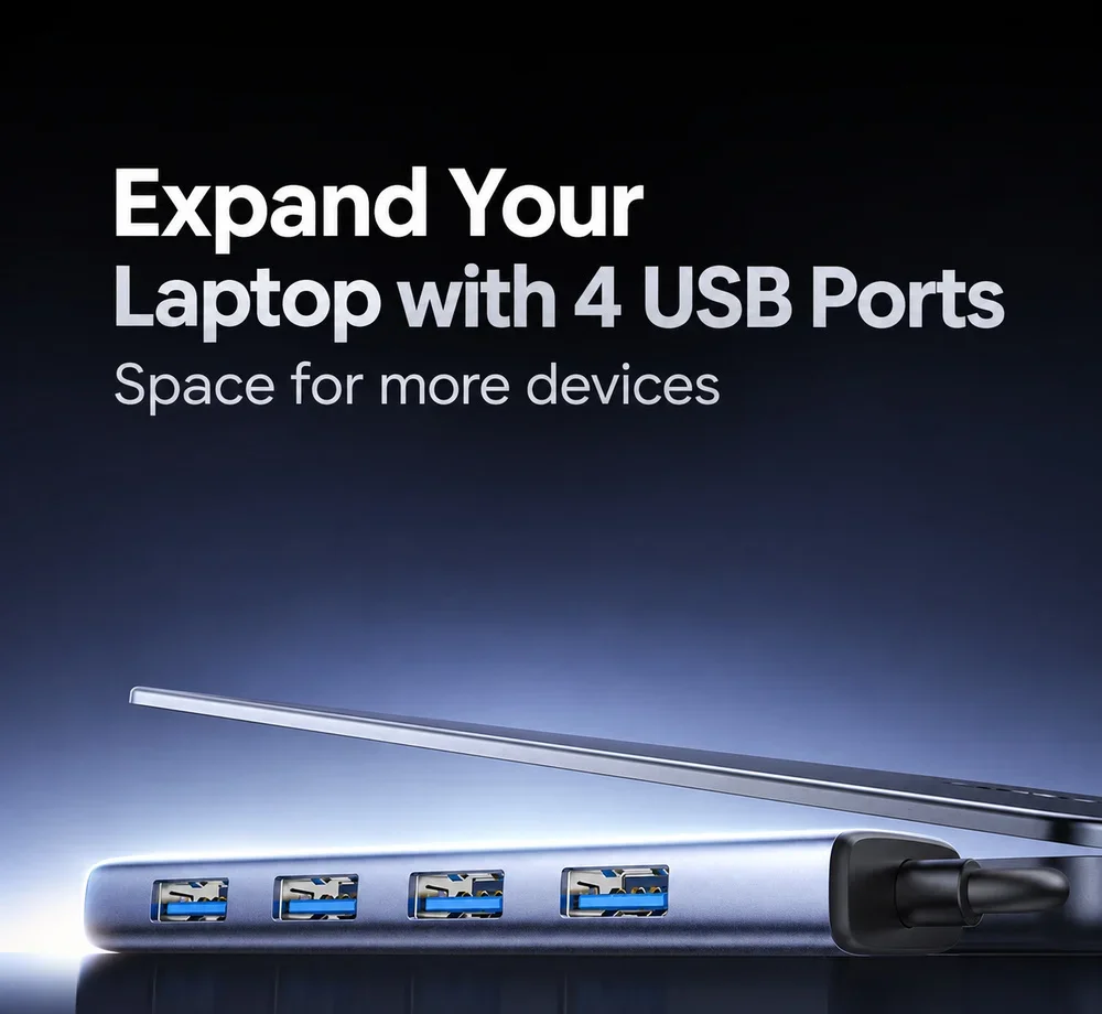 UGREEN CM858 65804 4-Port USB 3.0 Hub, USB-C to 4 USB-A 5Gbps Adapter, Aluminum Alloy, 0.2m Cable, USB-C 5V Power Input