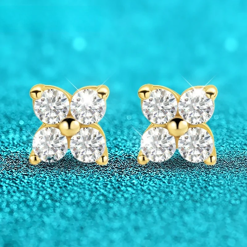 

0.8CTTW 3mm All Moissanite Stud Earrings for Women Flower 4 Stones Sparkly Classic 925 Sterling Silver Earing GRA Jewelry