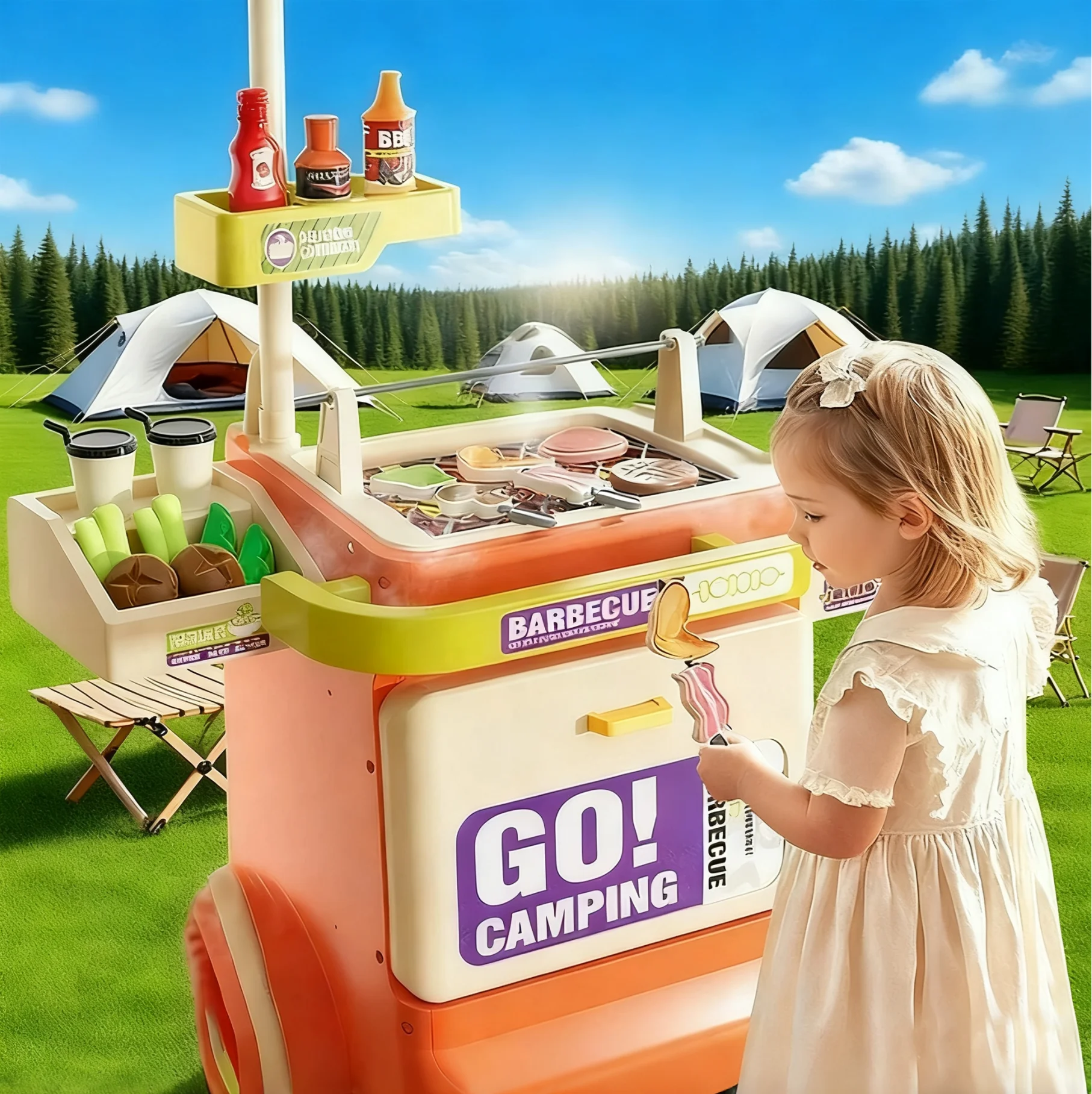 바베큐 스프레이 트롤리 역할놀이 BBQ 그릴 카트 주방 요리 장난감 미니 음식 모델 야외 캠핑 게임 소녀 크리스마스 선물