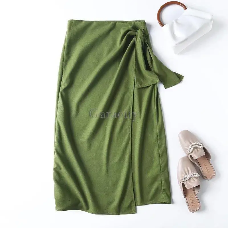 Garaouy 2022 Autumn Cotton Linen Knotted Skirt Women High Waist Long Skirt Solid Elegant Office Lady Irregular Midi Skirts Mujer