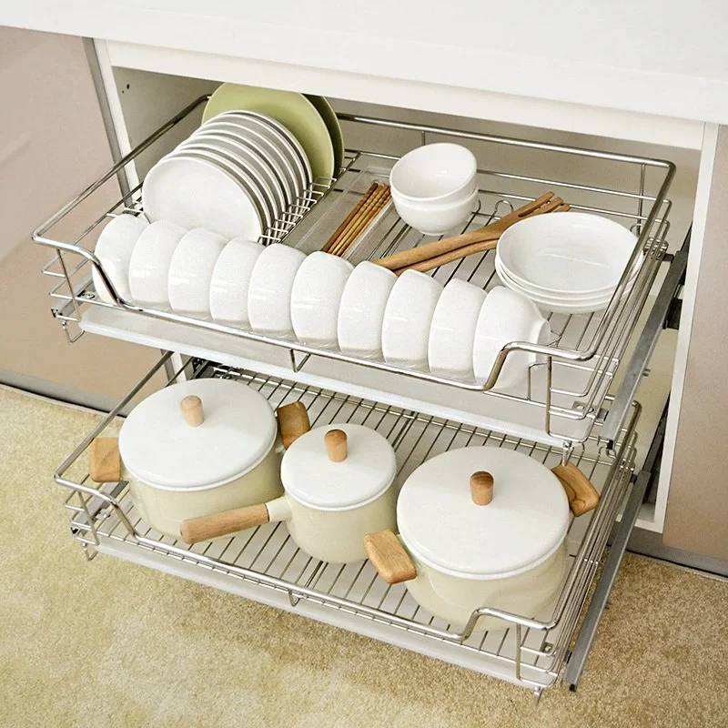 

-oo Kitchen Cabinet Pull-Out Dish Rack 2-Tier Drawer Organizer with Damping Slides Plate Bowl Utensil Storage Basket