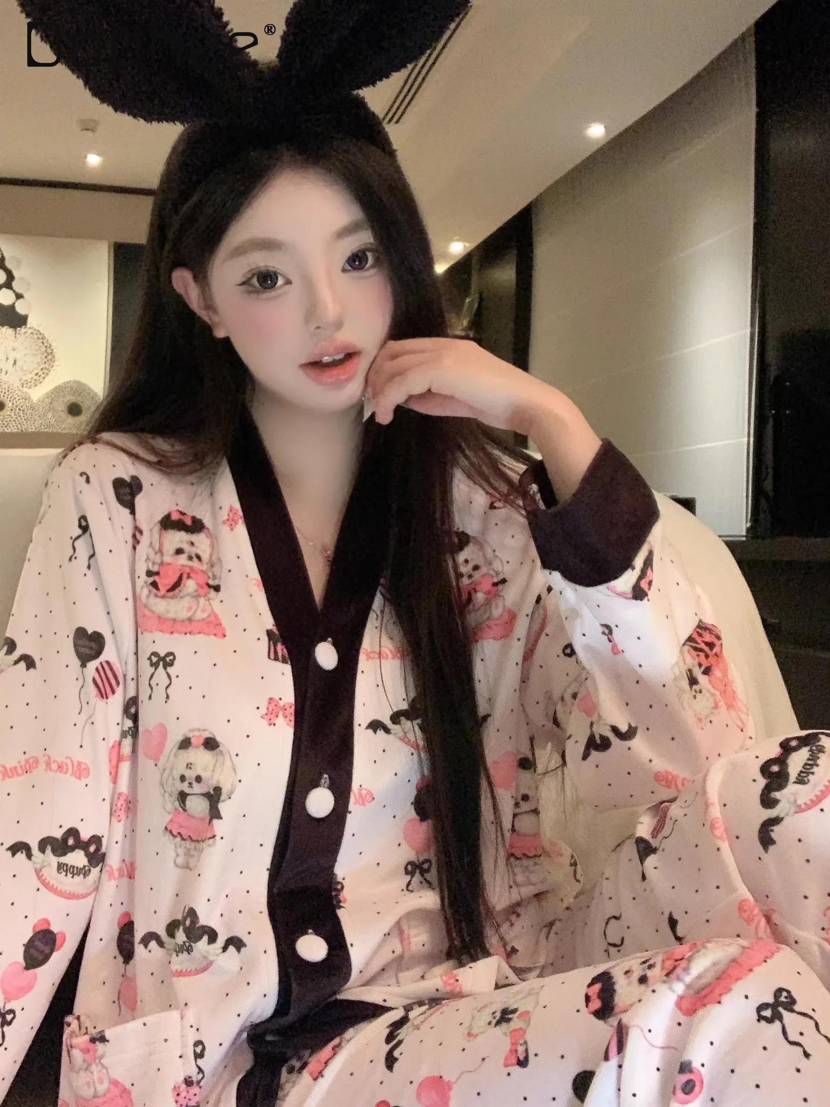 

Girls Cartoon Pajamas Women 2025 New Cute V Neck Long Sleeve Polka Dot Cardigan Sweet Pink Loungewear Soft Home Clothing