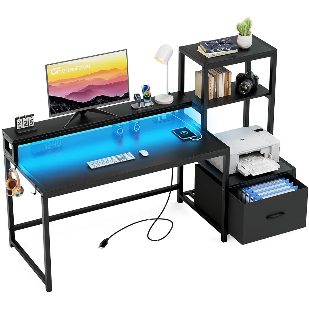 

Office Desk with Power Outlets and Printer Shelf, 68.8 inch Computer Desk with LED and Drawer, Reversible Gaming Desk with Stor