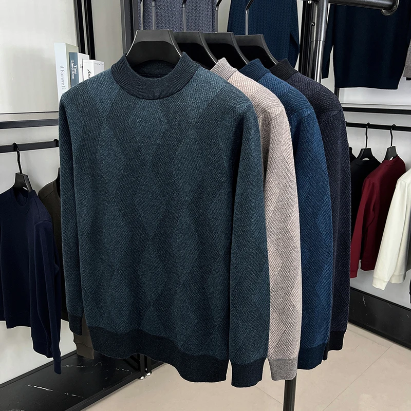 

Мужской фактурный вязаный свитер с высоким воротником, осенне-зимний, шерстяной, с длинными рукавами, теплый топ, с цветными вставками по низу, 100% чистая шерсть, вязаный
