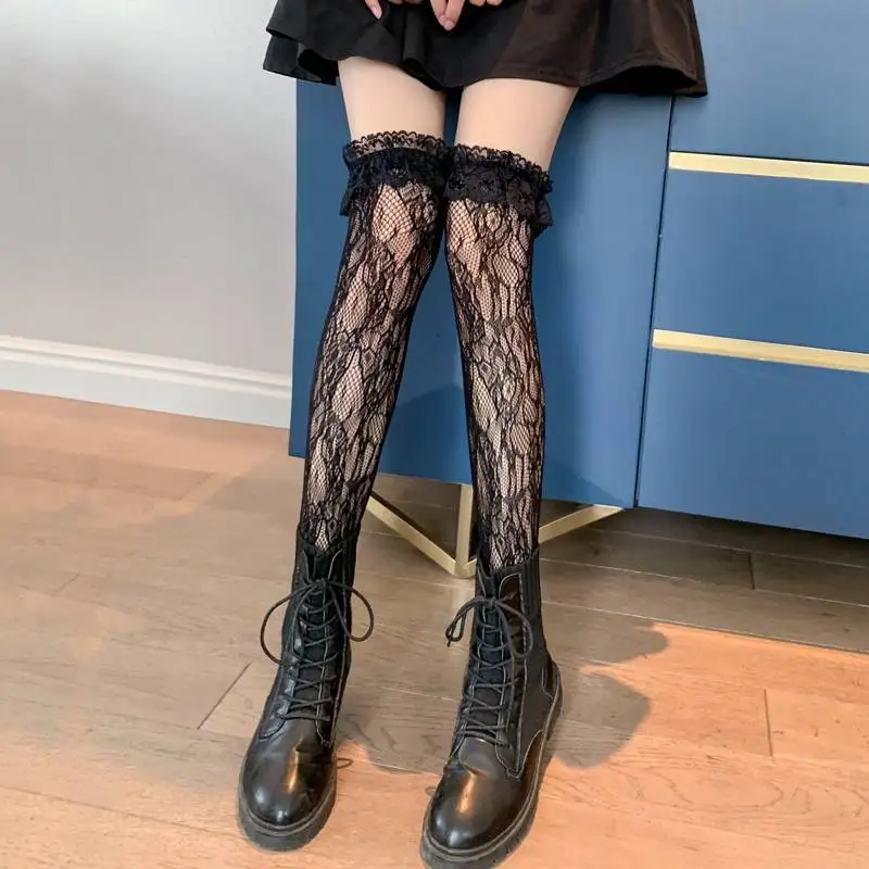 Lolita Stockings Hollow Lace Thigh High Thin Floral White Socks Girl Lolita Cute Japanese Jk Black Over The Knee Stockings