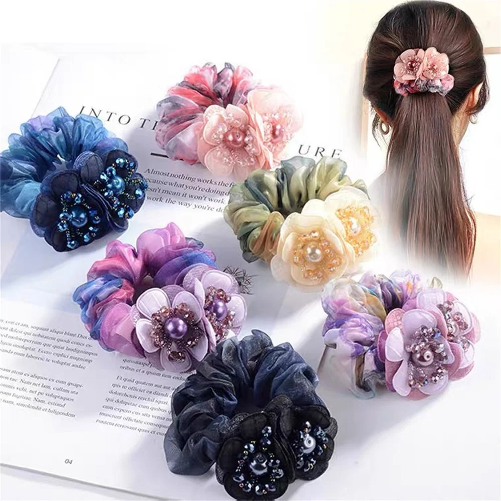 Hermosas cuerdas para el cabello para Gril Bling Pearl Flower Scrunchie, corbatas para el cabello de Organza transparentes, soporte elástico para