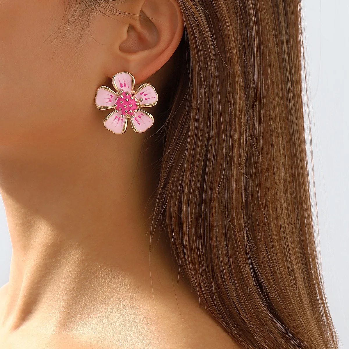 Classic Vintage Pink Drip Oil Big Flowers Pearl Stud Earrings for Women Romantic Temperament Elegant Charm Girl Jewelry image 4