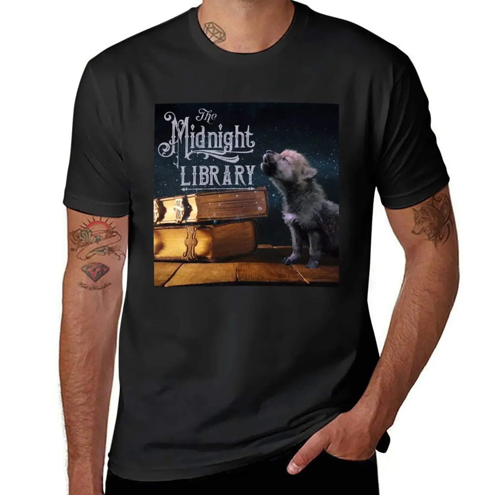 Original Midnight Library Wolf Pup & Books (OUR IMAGE) T-Shirt blue archive blanks T-shirt men