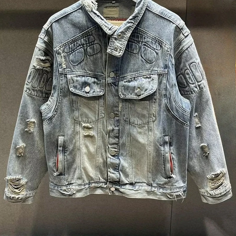 

Осенняя новинка: приталенная рваная джинсовая куртка, неэластичная джинсовая куртка с отложным воротником, ретро-модная повседневная классическая джинсовая верхняя одежда