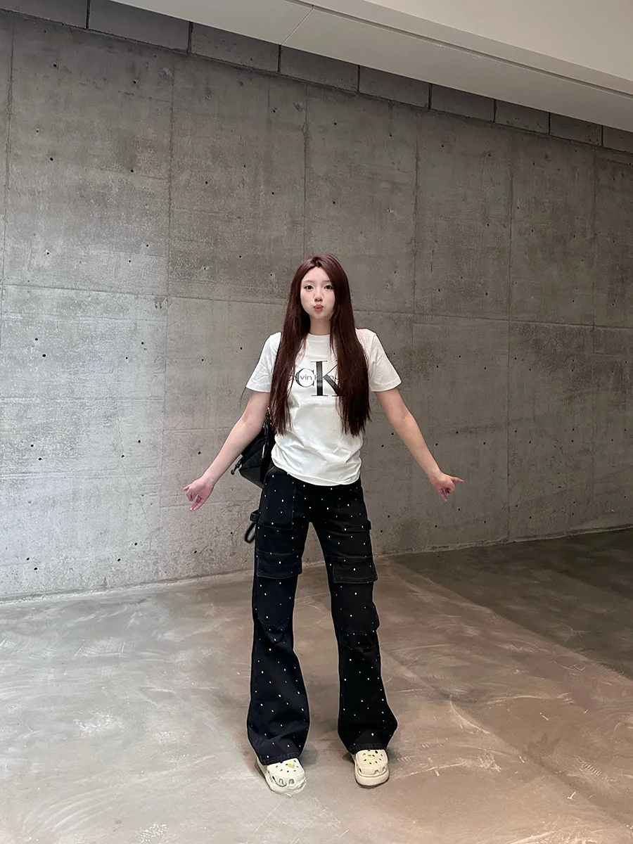 

CallmeEar, украшенные бриллиантами, рабочая одежда, джинсы, женские прямые длинные брюки, летние утягивающие модные темно-синие джинсовые брюки