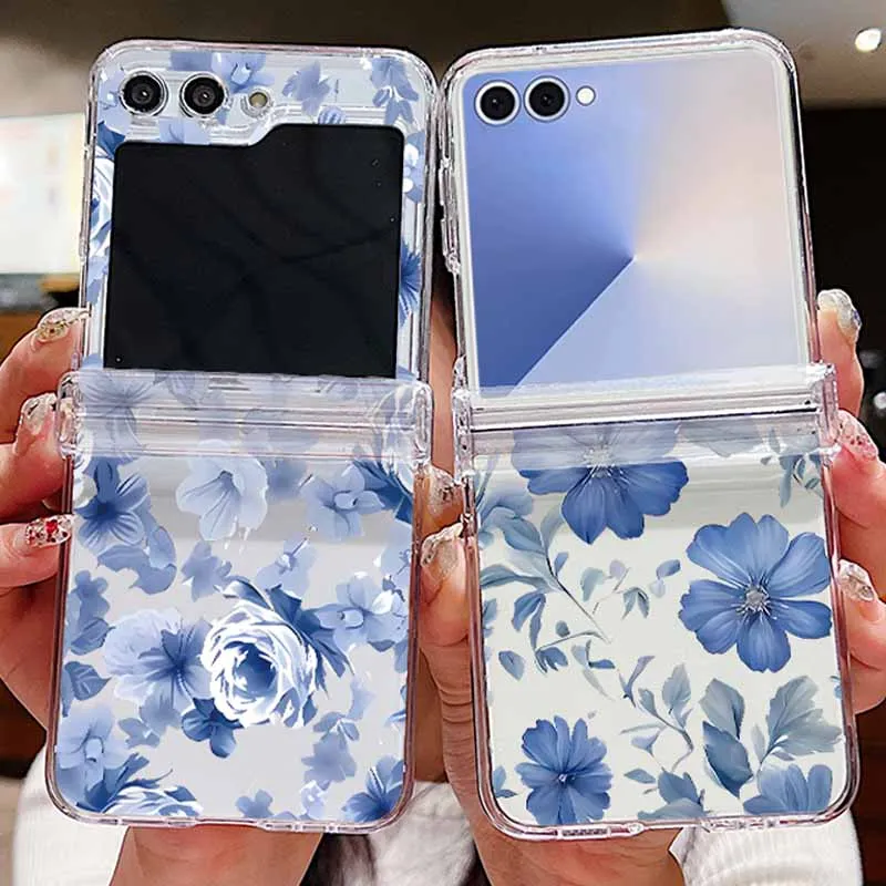 Blaues Blumenmuster, klare Handyhülle für Samsung Galaxy Z Flip7 FE Flip 7 6 5 4 3 5G Flip7 Flip5 Flip6, stoßfeste harte PC-Abdeckung