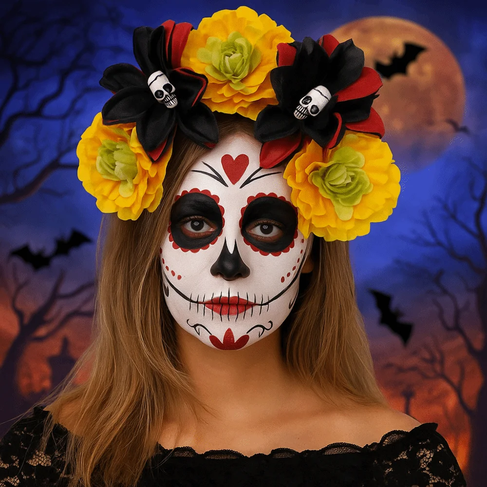 Bandeau tête de crâne exagéré, décor d'halloween, Simulation de fleur, cerceau pour cheveux d'halloween, bandeau gothique coloré drôle