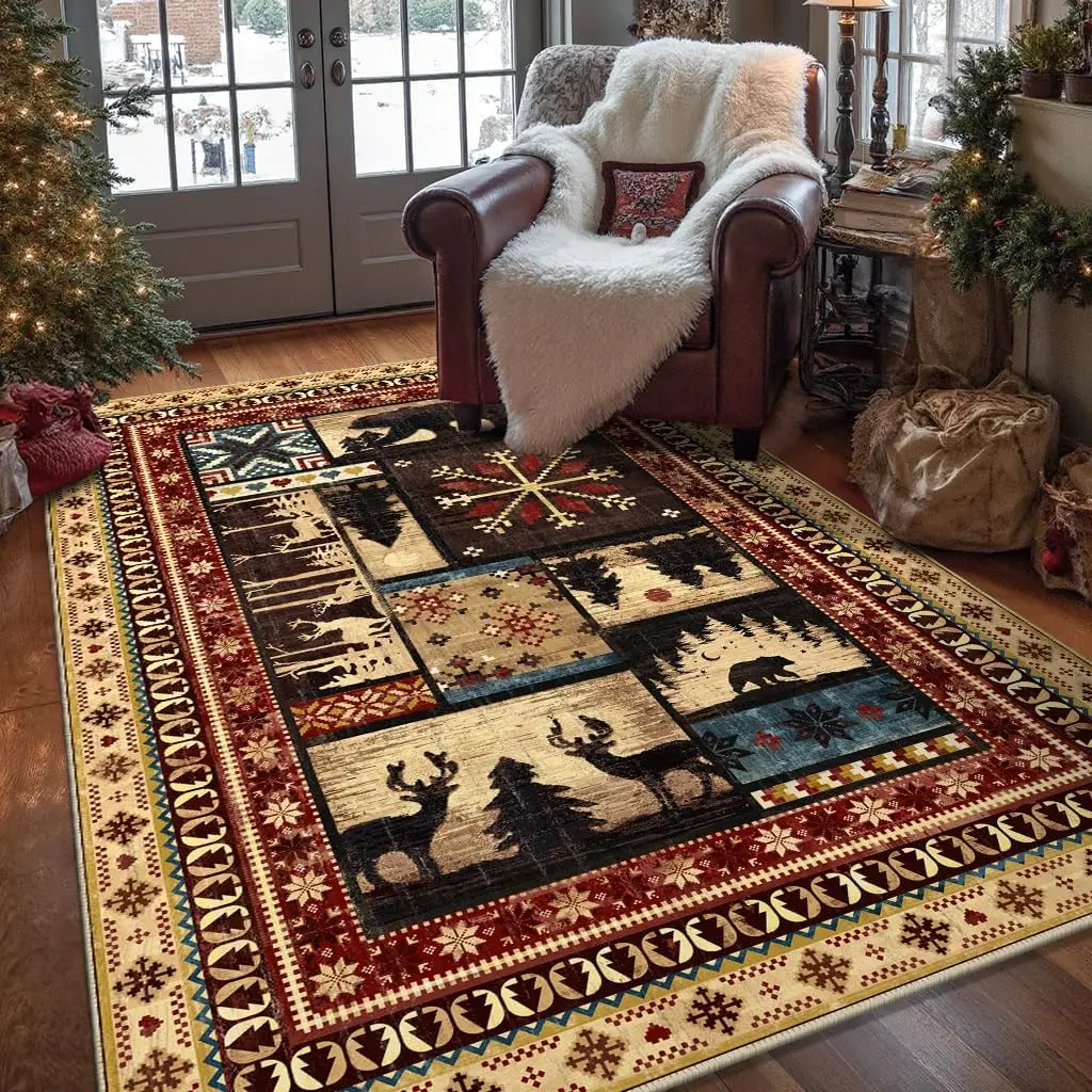 

Christmas Bear Area Rug,Non-Slip Cabin Washable Living Room Rug with Rubber Backing, Low Pile Soft Xmas Vintage Western Buffalo