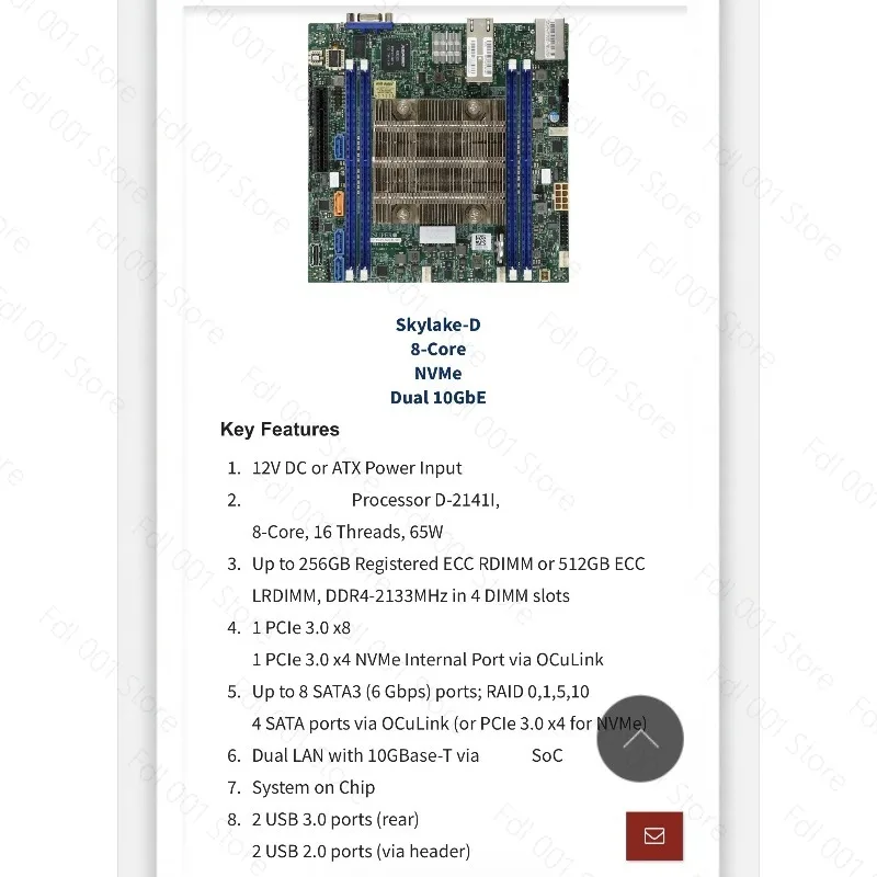 Server Motherboard X11SDV-8C-TLN2F With D-2141I 8 Core ITX Dual 10G IPMI Support 512G Memory