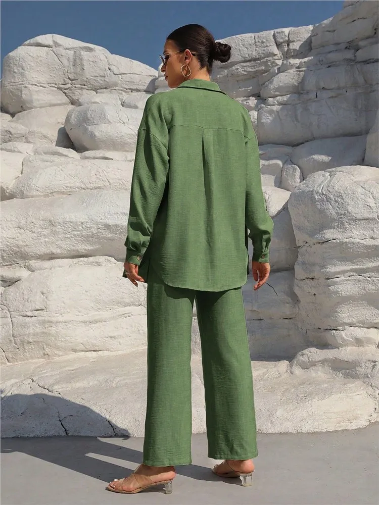 Fashion Commuter Women's Trousers Suit Spring Autumn New Casual Solid Color Long-sleeved Single-breasted Top Loose Trousers Suit