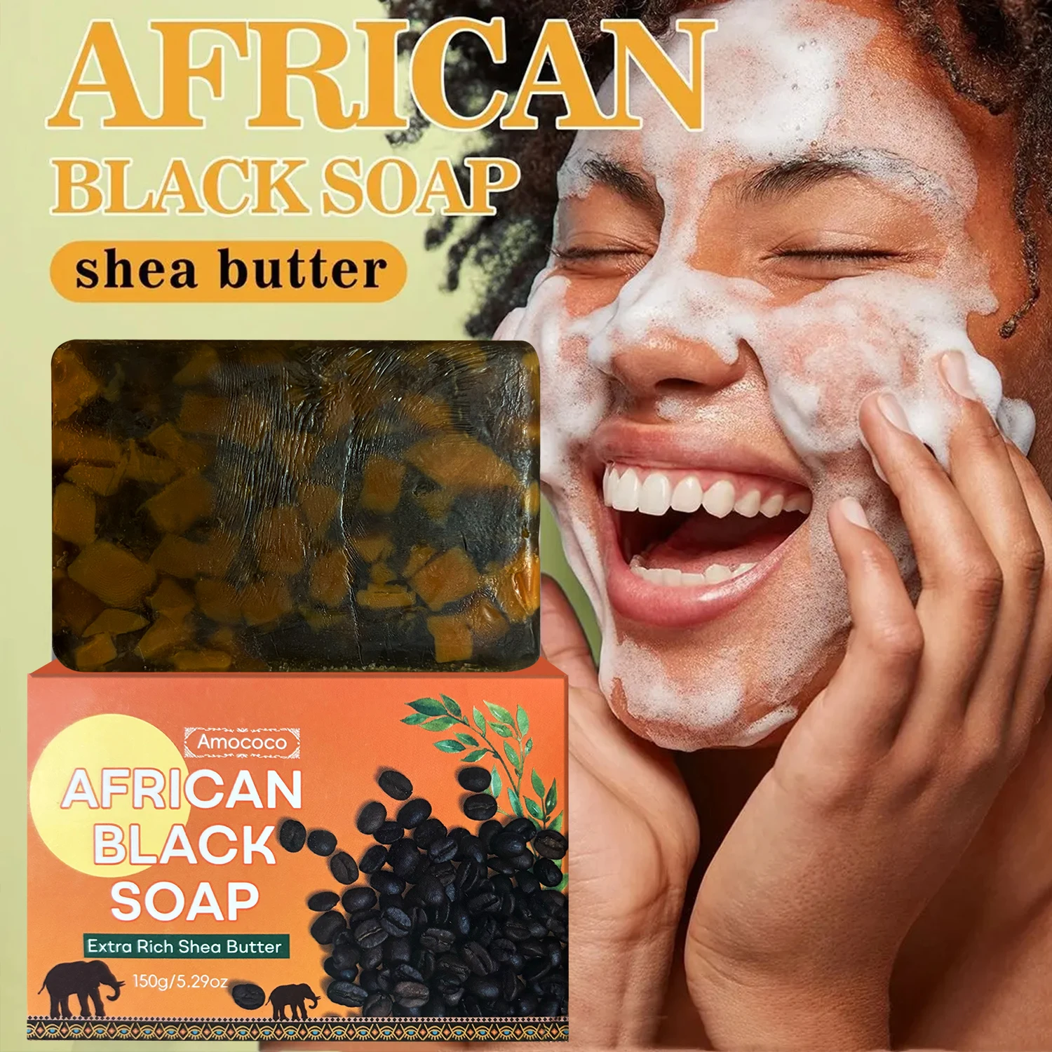 Amococo 3/6pcs African Black Soap Bar 150g Shea Butter Body Soap Moisturizing Cleansing Bath Soap with Coconut Oil Caffeine Neem Extract Natural Skin Care Soap for Men Women Dry Skin