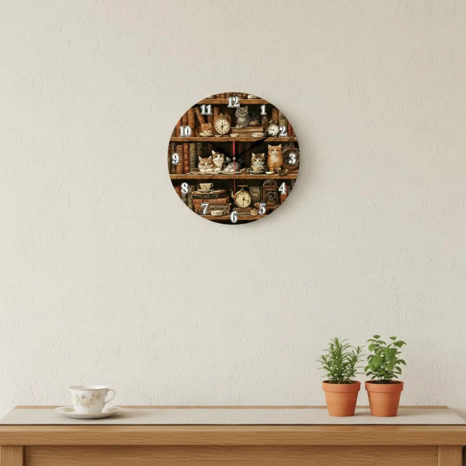Cat Print Wall Clock Creative Design Decorative Round Clock Home Decor Battery Operated for Bedroom, Kitchen