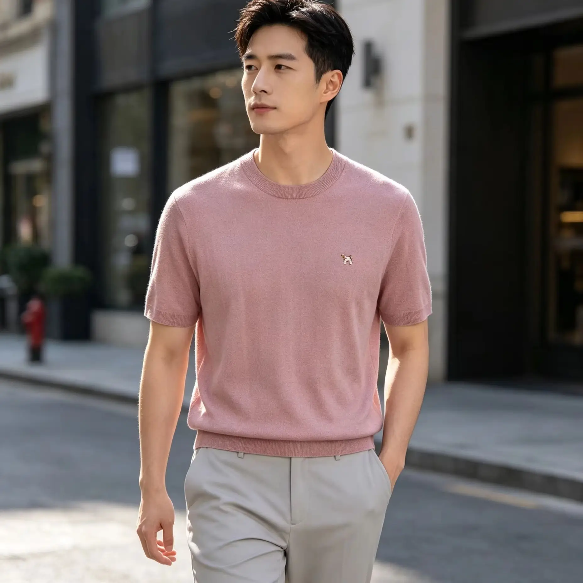 100% cashmere short sleeve T-shirt men's casual fashion men's shirt