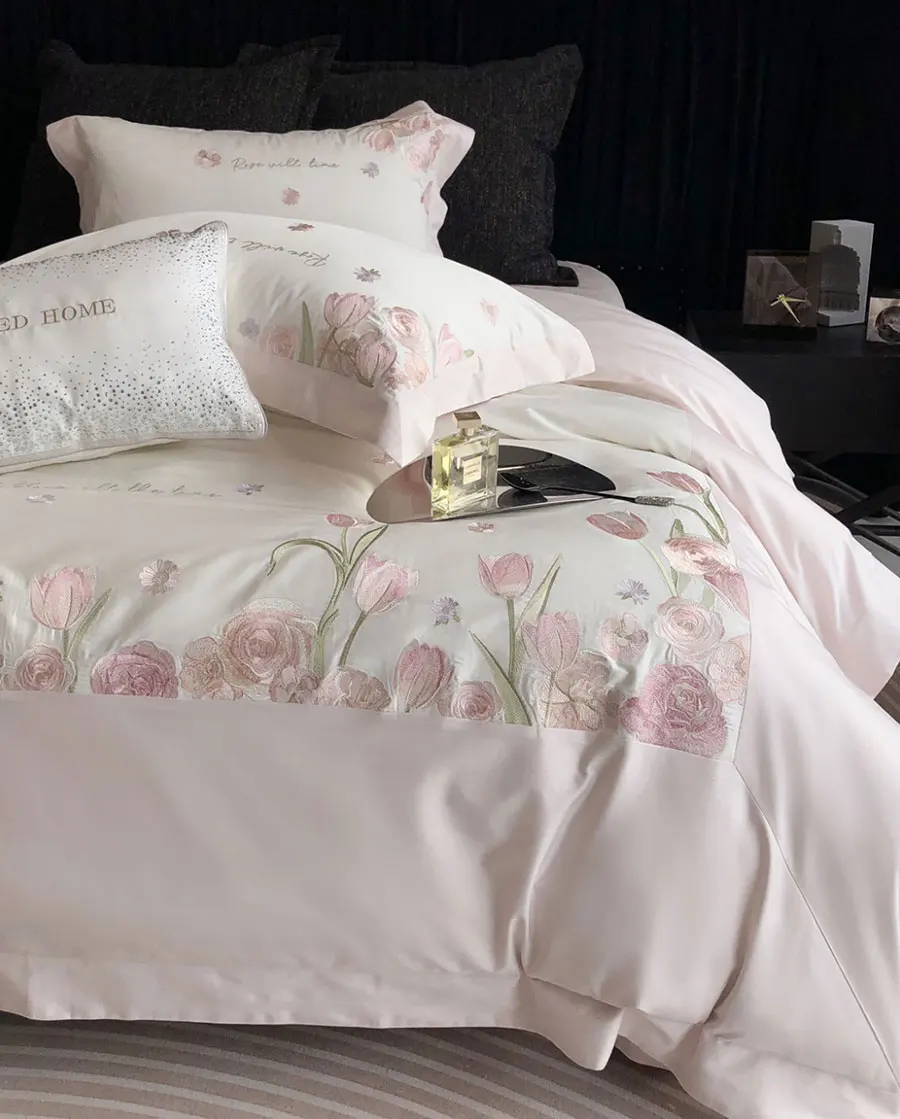 Elegant embroidery flower tulip pink blue beige beding set,full queen king cotton home textile bed sheet pillow case duvet cover