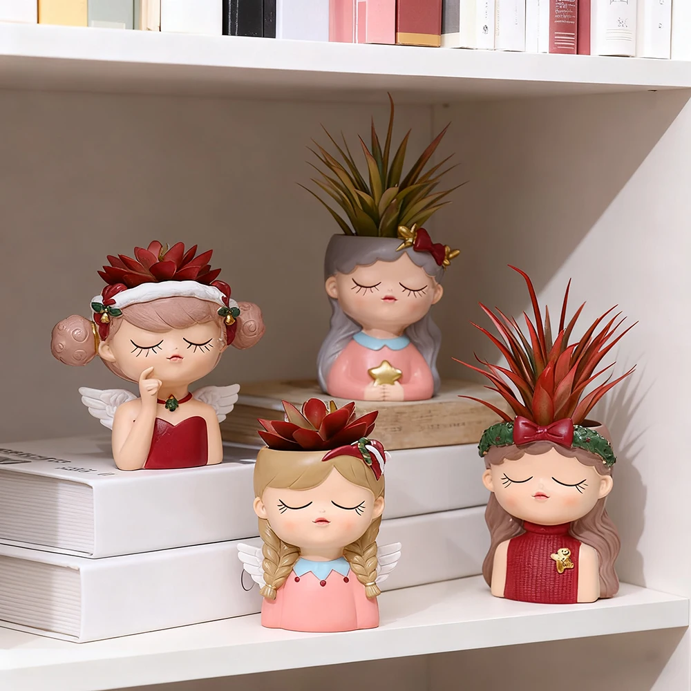 

Cute Cartoon Girl Resin Flower Pot Desktop Landscape Potted Plant Vase Garden Succulent Container for Office Decor