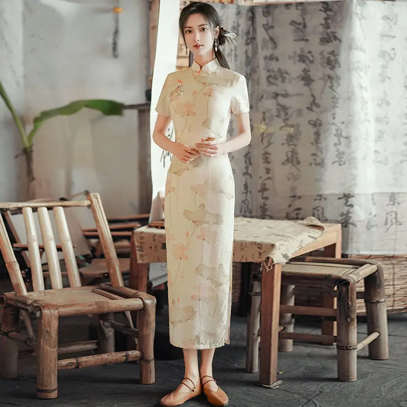 2023 Spring Short Elegant Daily Apricot Cheongsam Young Girls Photograph Improved Chinese Style Evening Qipao Dress for Women