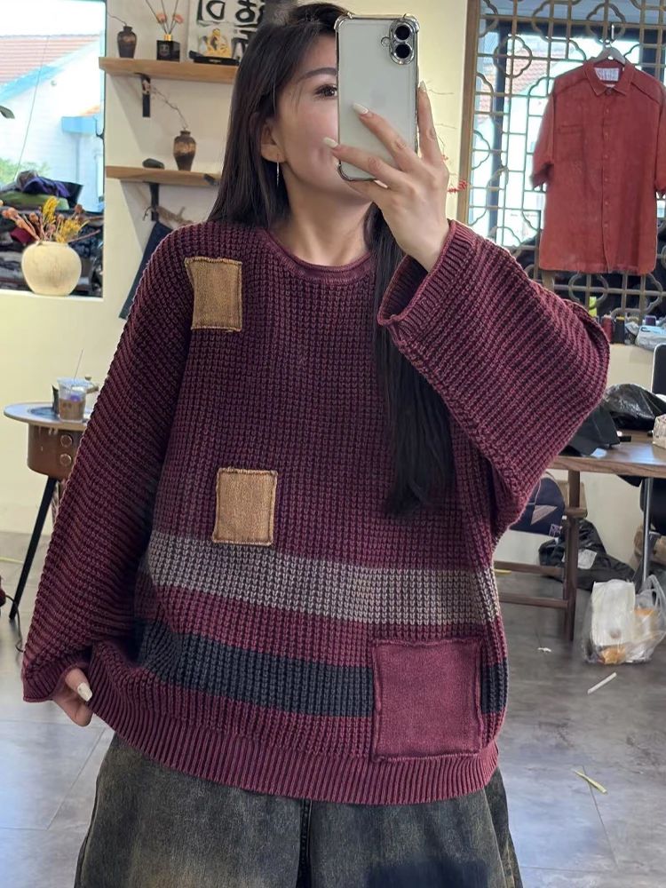 Amax LuluE Autumn Ladies Vintage Knitted Pullover Fashion Big Size Sweaters Womens Leisure Loose Patchwork Warm O Neck Jumpers