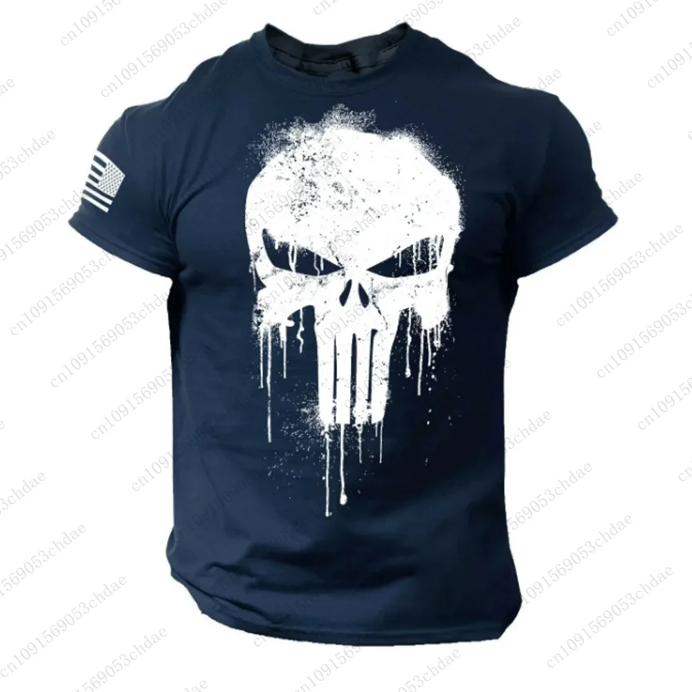 24/25 Mens New Arrival Autumn Military Punisher Patriotic Skull Dropped Cotton T Shirt American Oversized Day-wear Unisex Tops