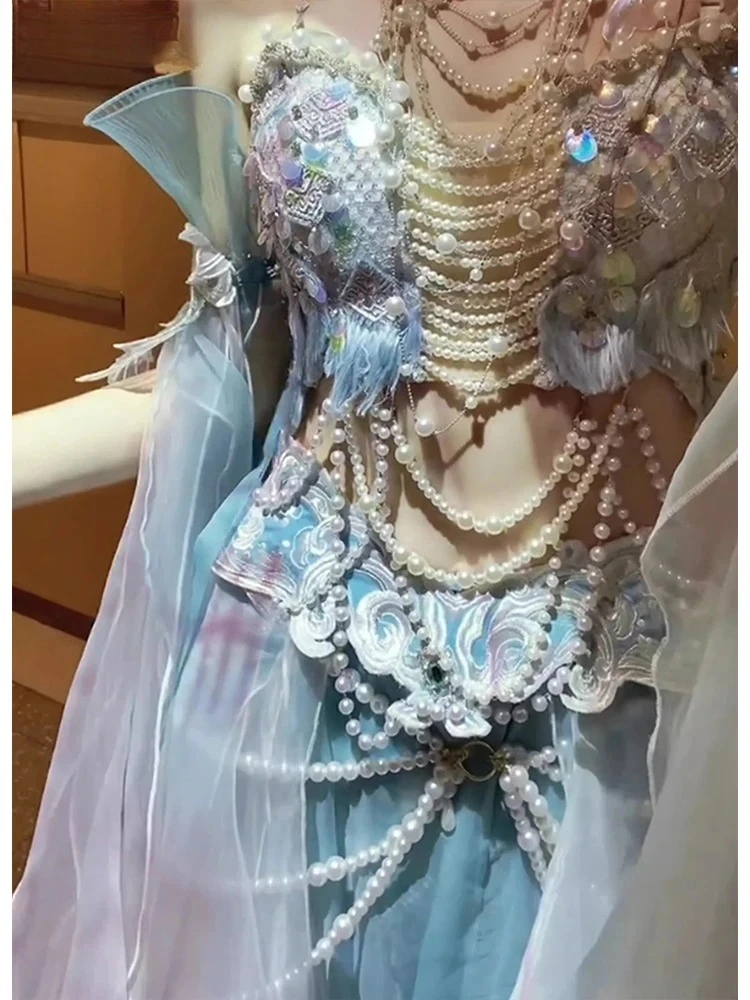 เจ้าหญิงหวานการไล่ระดับสีเย็บปักถักร้อยอุตสาหกรรมหนักแฟชั่นลูกปัดสั้นด้านบนและชุดกระโปรงยาวเอวสูงชุด