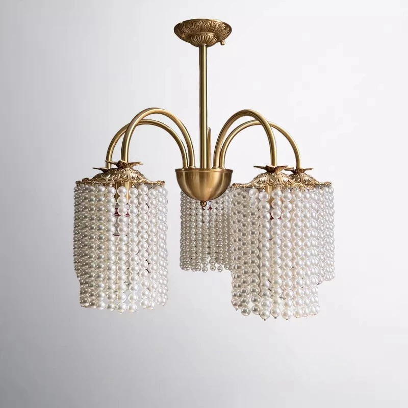 French Luxurious Pearl Pendant Light Copper LED Ceiling Chandelier Villa Parlor Bedroom Dining Room Retro Art Adorn Hanging Lamp