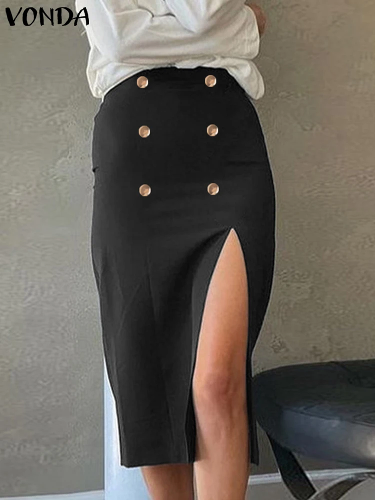 Plus Size VONDA Women Sexy Pecil Skirt Casual Elegant Slit Jupes Gold Button Simple Commuting Solid Overskirts Party Maxi Faldas