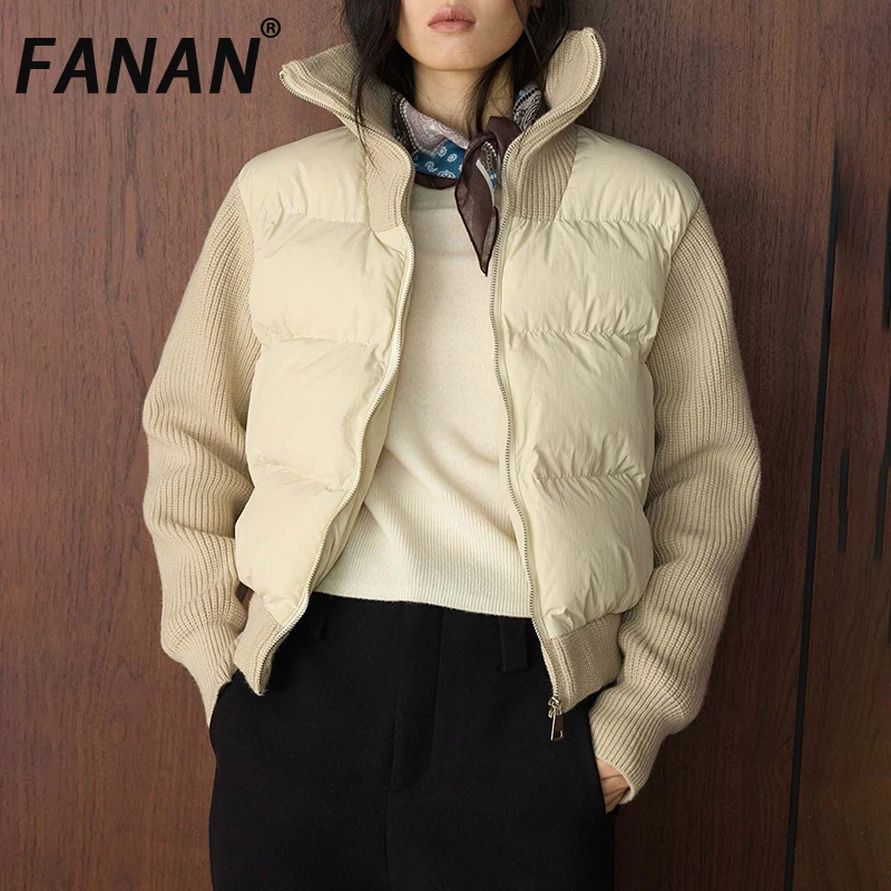 FANAN Modne, dziergane, łączone z bawełną płaszcze damskie z golfem, zapinane na zamek, krótkie okrycia wierzchnie, grube, ciepłe ubrania biurowe na zimę, nowość