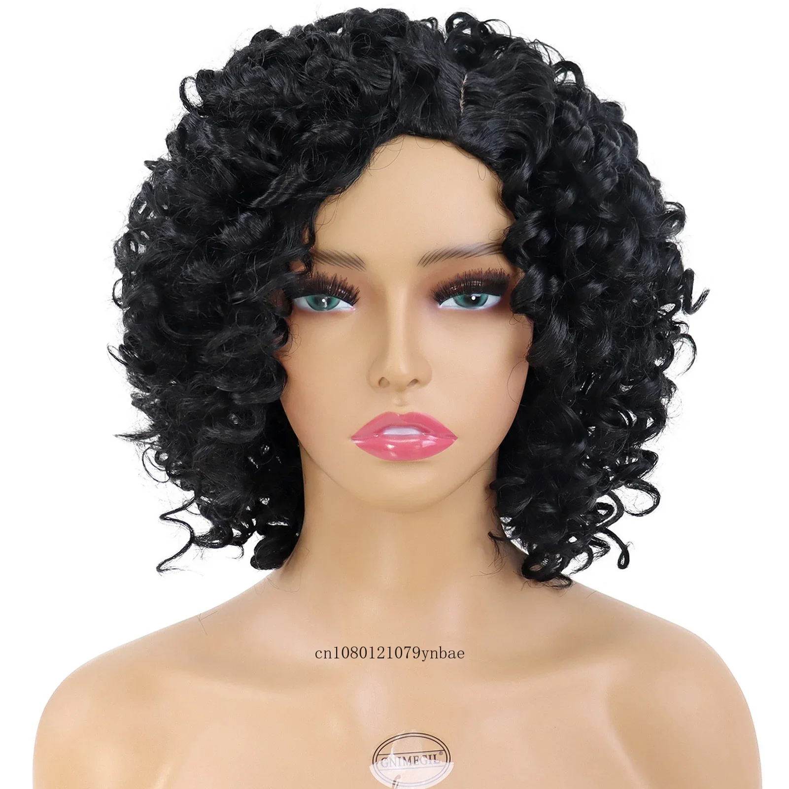 Wig hitam sintetis dengan poni untuk wanita Wig keriting Afro pendek gaya rambut Amerika Afrika tahan panas pesta kostum Halloween