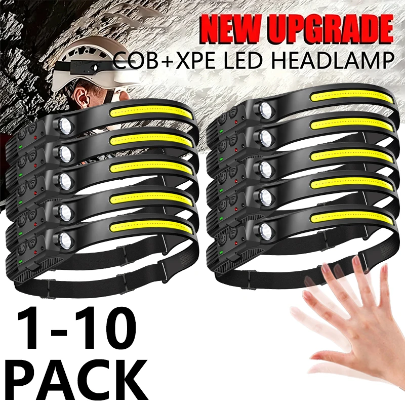 XPE+COB Dual LED Sensor Headlamp USB Rechargeable Head Flashlight, Waterproof Work Light for Fishing Camping, 1-10PCS Available