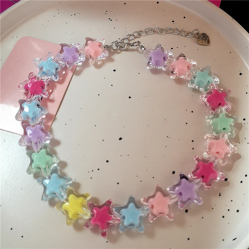 Kpop Harajuku Pink Purple Candy Acrylic Heart Star Beaded Choker Necklace Egirl Goth EMO Y2k 2000s Vintage Aeathetic Accessories