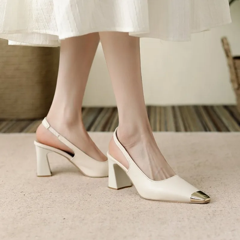 

Французские сандалии Baotou, женские летние туфли на высоком каблуке с острым носком, пустые туфли из мягкой кожи сзади