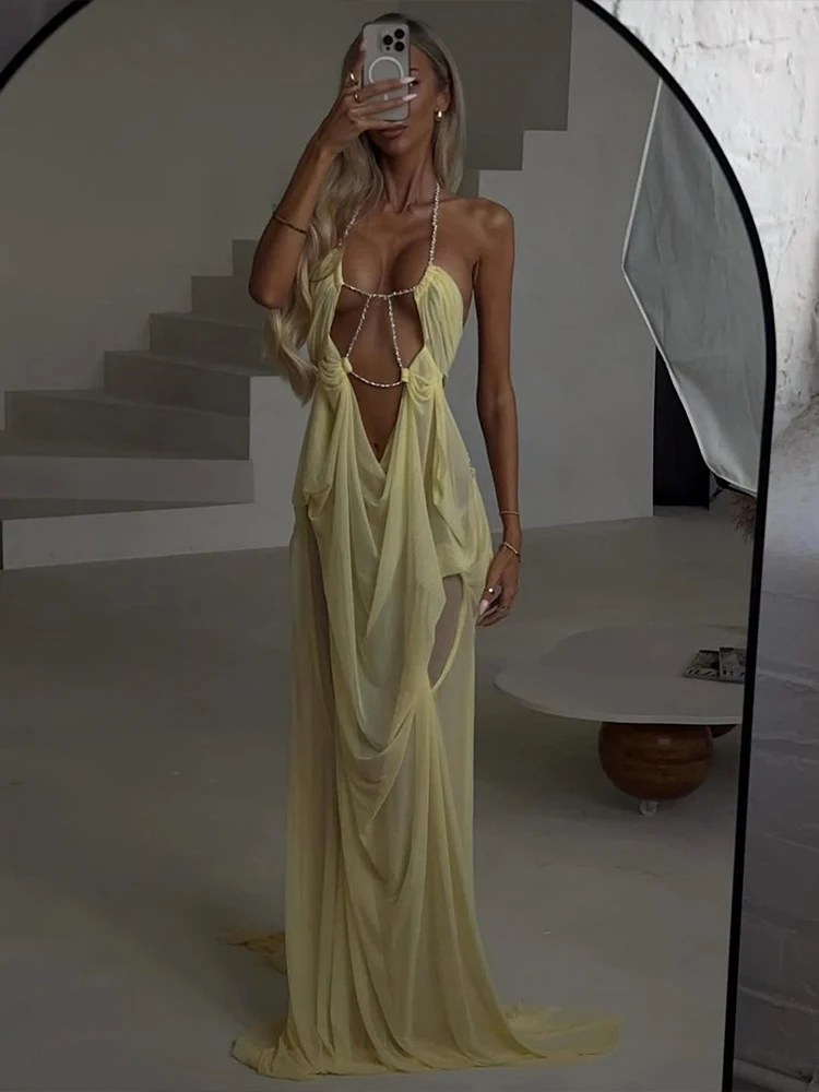 Sisterlindat See Through Dress Women Sexy Halter Chain Backless Irregular Ruched Patchwork Chic Vacation Birthday Party Clubwear - Image 2