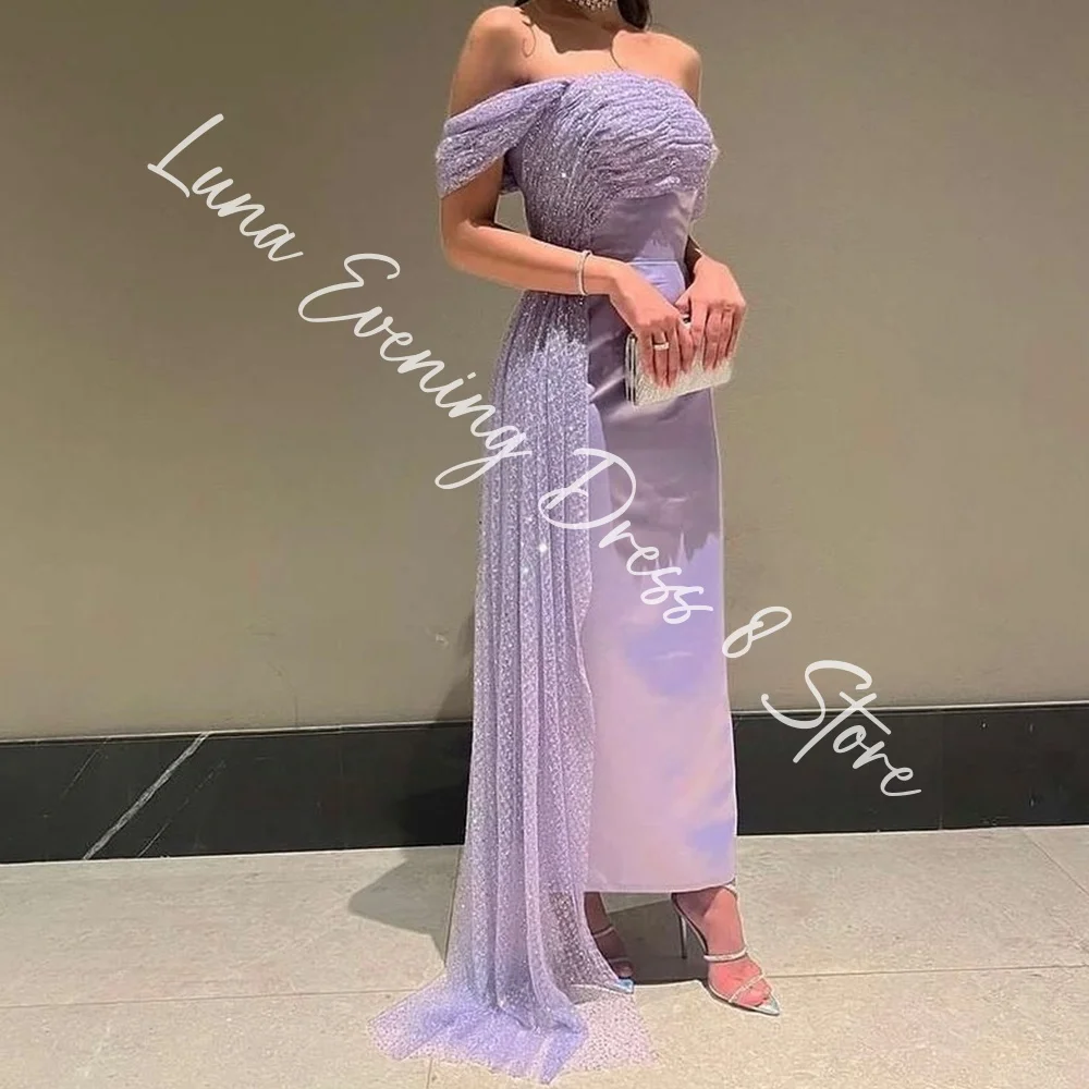 Customized Fashion Satin Straight Off the Shoulder Sequined Evening Dress Strapless Short Sleeves Panel Train Photo Color