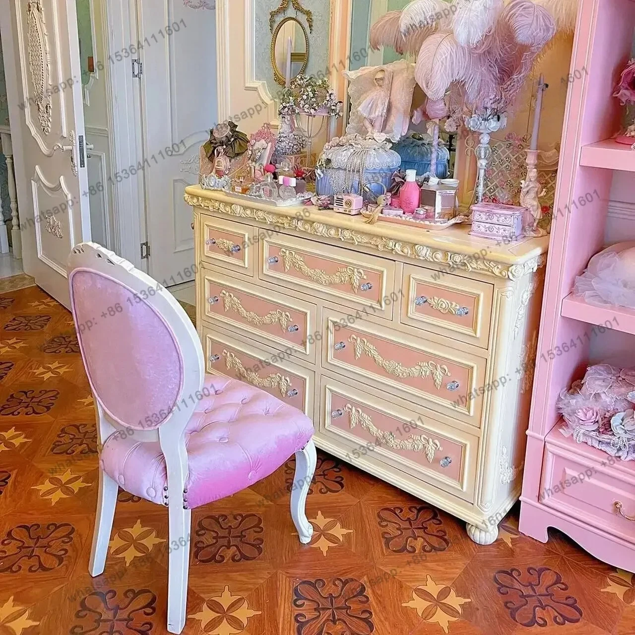 

French Solid Wood Carving Flower Retro Seven Chest Cabinet European Storage Locker American