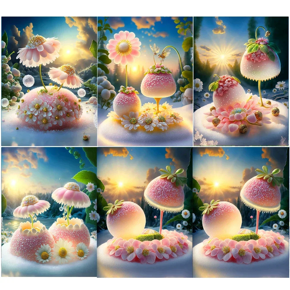 5D DIY Diamond Painting Pink Mushroom Strawberry Flower Full Mosaic Cross Stitch Diamond Embroidery Sunshine Fantasy Scenery