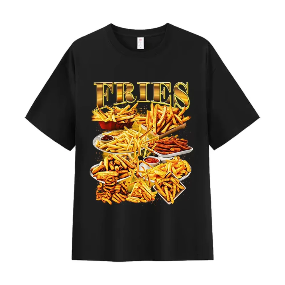 Camiseta con estampado gráfico de patatas fritas, salsa de tomate y comida, para hombre y mujer, vintage, oversize, de algodón, de alta calidad, con cuello redondo