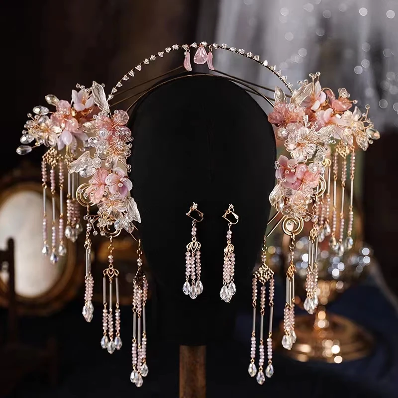 

Sweet Fairy Chinese Vintage Wedding Bridal Hair Accessory Traditional Pink Flower Bride Hairband Jewelries