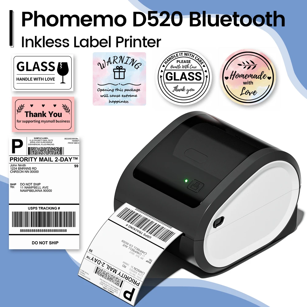 D520 BT Bluetooth Shipping Label Printer Wireless Thermal Label Printer for Business Thermal Sticker Printer 100mm Label Maker