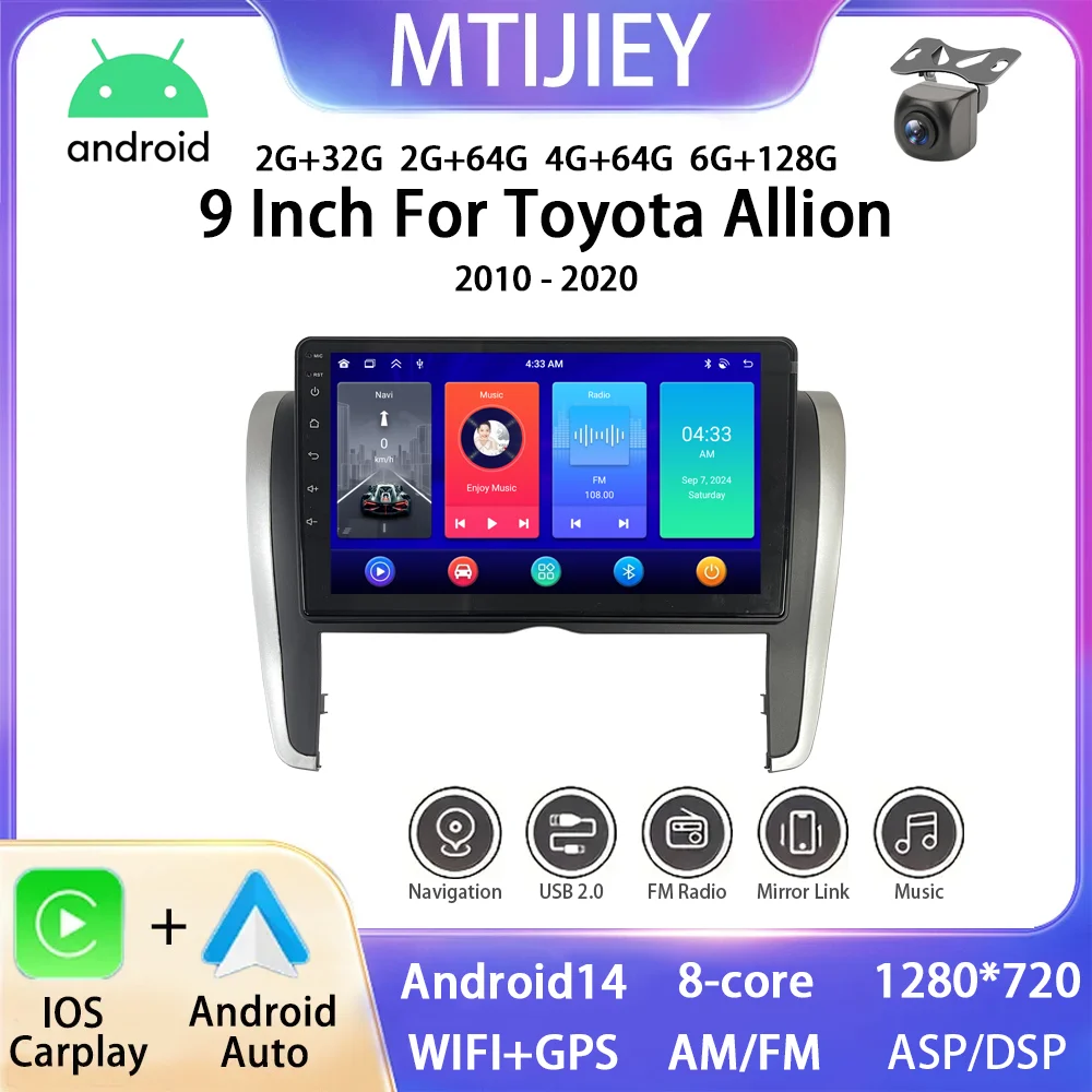 

9 inch For Toyota Allion 2010 - 2020 Android 14 Car Video Player Car Stereo Touch Screen with Wireless Carplay and Android Auto