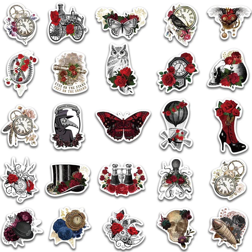 50Pcs/pack Vintage Steampunk Red Rose Stickers Retro Dark Gothic DIY Decals Aesthetic Car Suitcase Scrapbooking Laptop Stickers