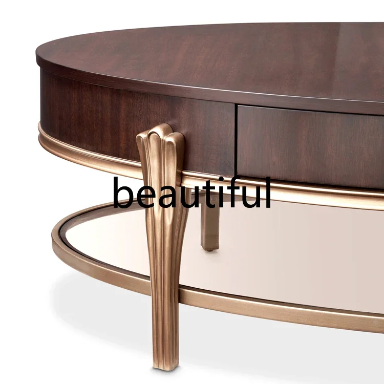 

New North American modern American light luxury solid wood oval tea table living room storage small apartment coffee table