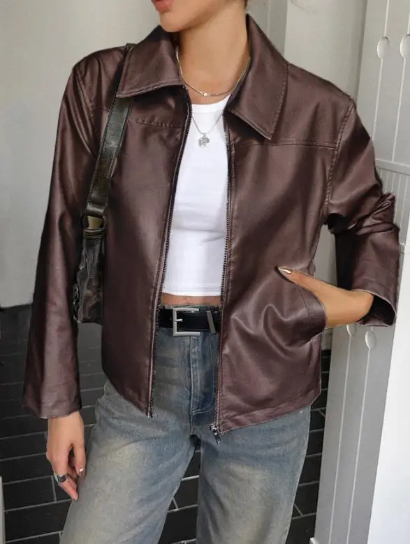 

Women's Leather Jacket Autumn/winter Classic Fashionable Handsome Motorcycle Style Collar Solid Color Slim Fit Leather Jacket