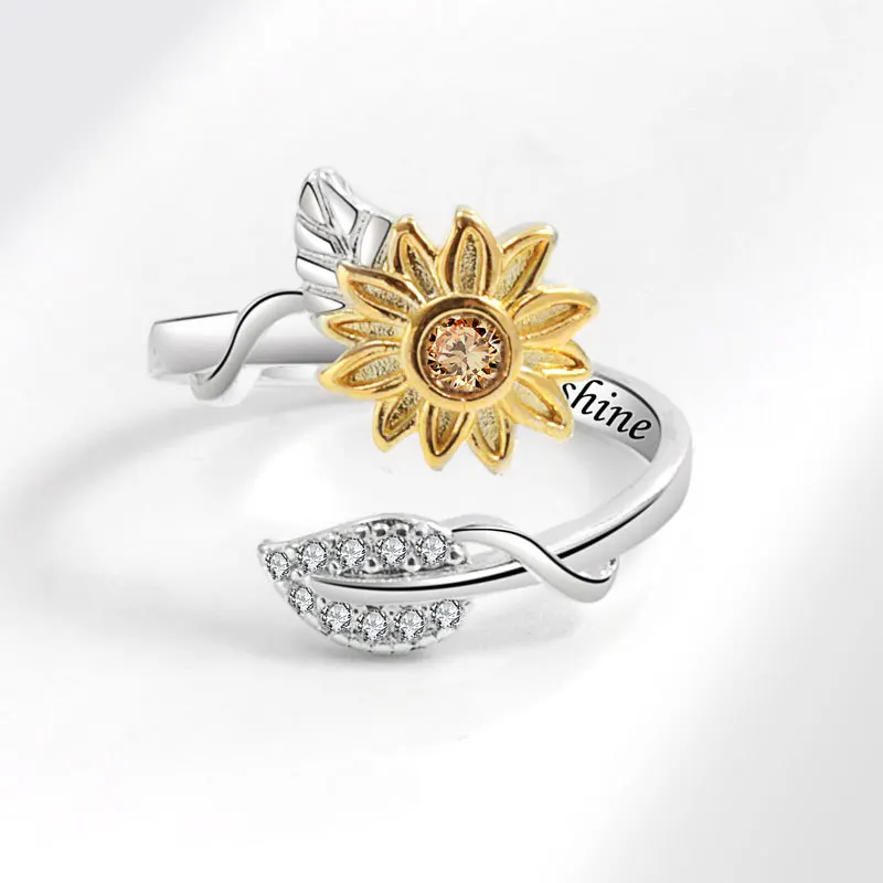 Gold Color Copper Crystal Anxiety Relife Spinning Ring For Women Enamel Sunflower Rotate Freely Anti-Stress Rotating Rings view 2