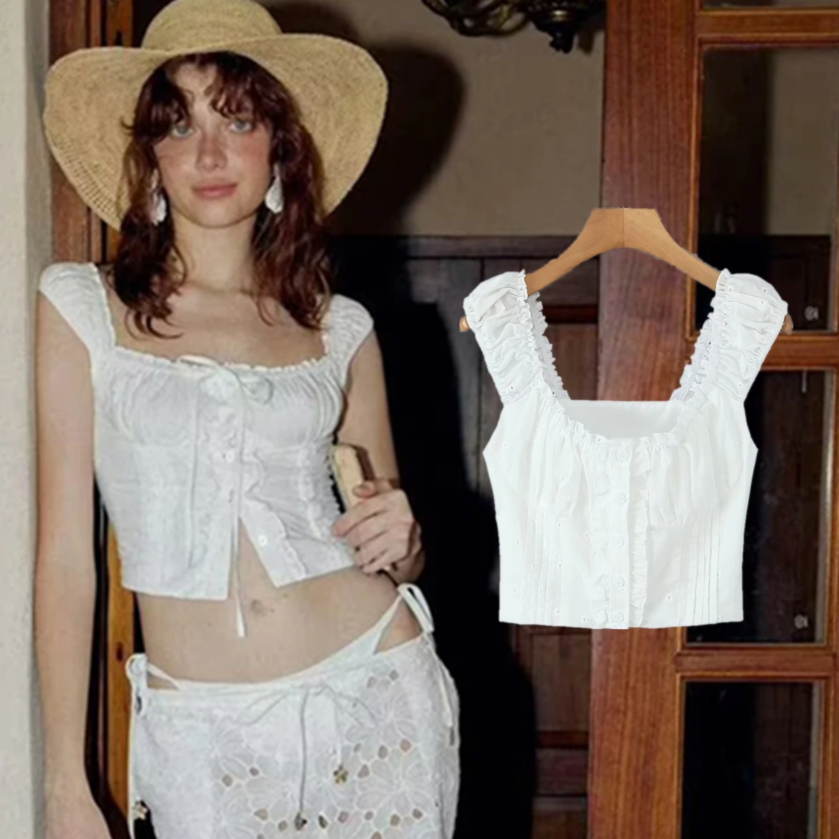 

Dave&Di French Vintage Camisole Lazy Country Style White Cotton Shirt Top Embroidery Hollow Short Sexy Sleeveless Shirt Women